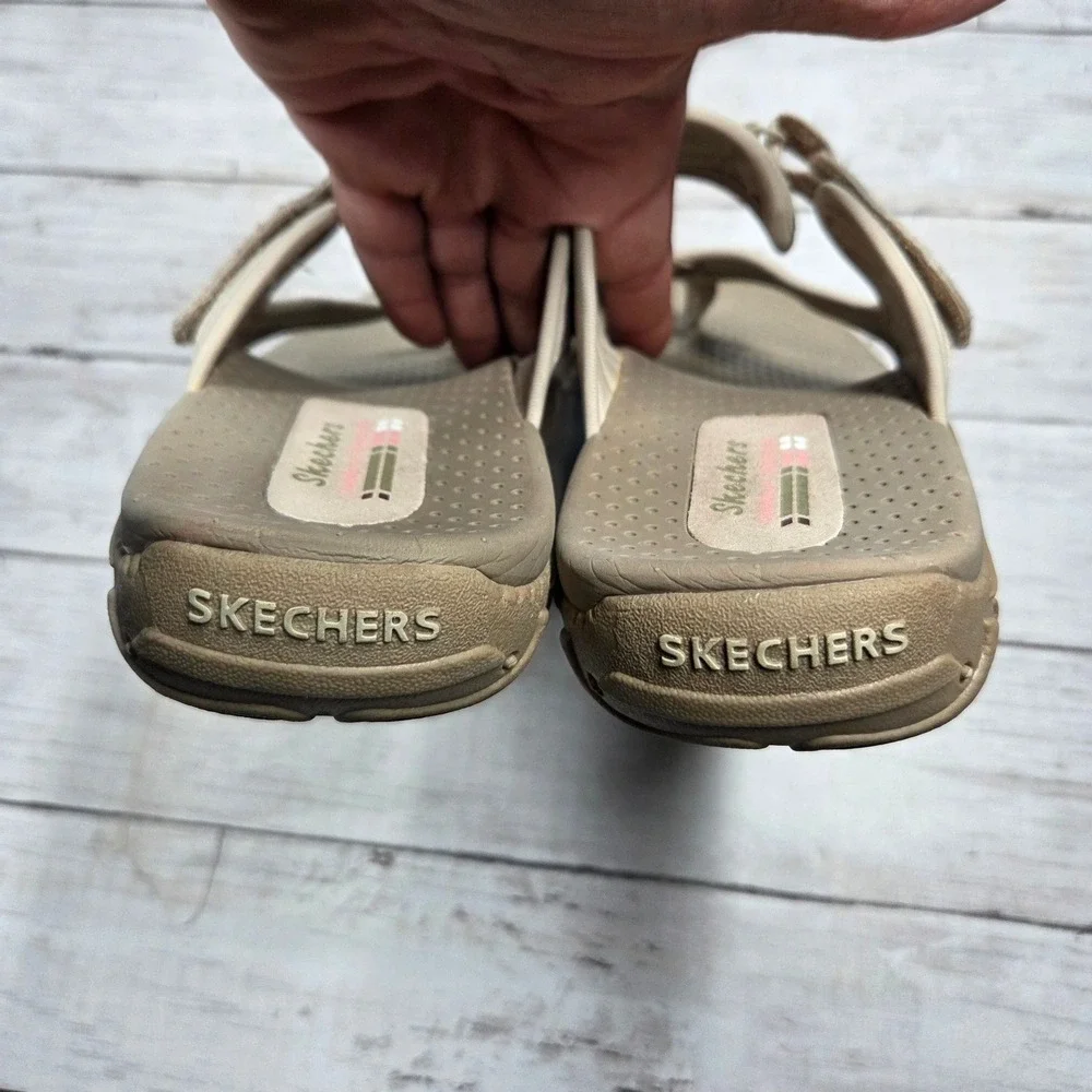 Skechers Reggae Slim Strappy Thong Sandal Women 11 Natural Beige 40798 Geometric